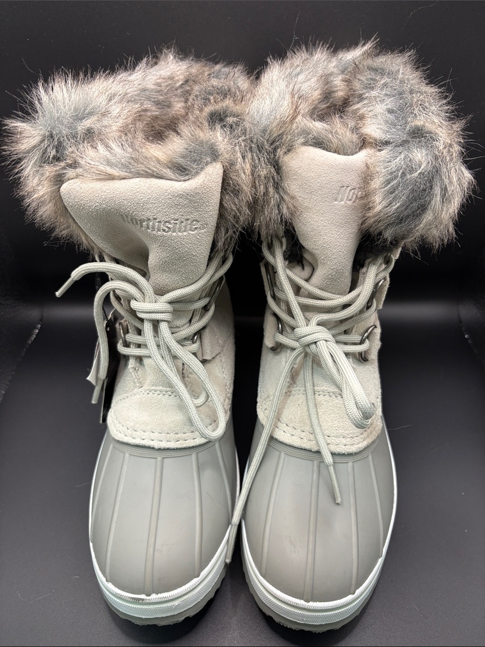 Northside Women's Light Gray Faux Fur-Trim Lace-Up Winter Boots